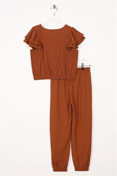 Bisiklet Yaka Paca Lastikli Kahverengi Renk Kız Çocuk İkili Takım