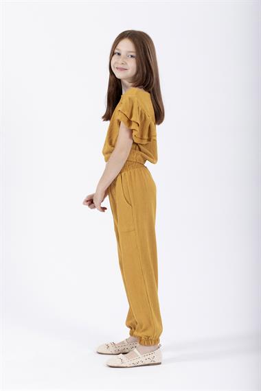 Bisiklet Yaka Paca Lastikli Hardal Renk Kız Çocuk İkili Takım