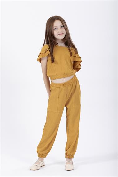 Bisiklet Yaka Paca Lastikli Hardal Renk Kız Çocuk İkili Takım