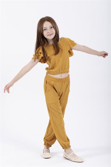 Bisiklet Yaka Paca Lastikli Hardal Renk Kız Çocuk İkili Takım