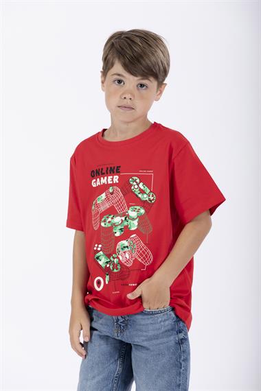 Bisiklet Yaka Kırmızı Renk Erkek Çocuk Tshirt