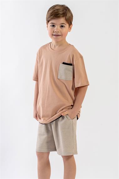 Bisiklet Yaka Kısa Kol Bej Renk Erkek Çocuk Şortlu Takım