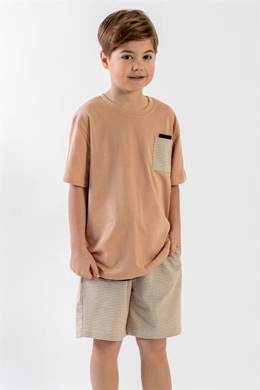 Bisiklet Yaka Kısa Kol Bej Renk Erkek Çocuk Şortlu Takım