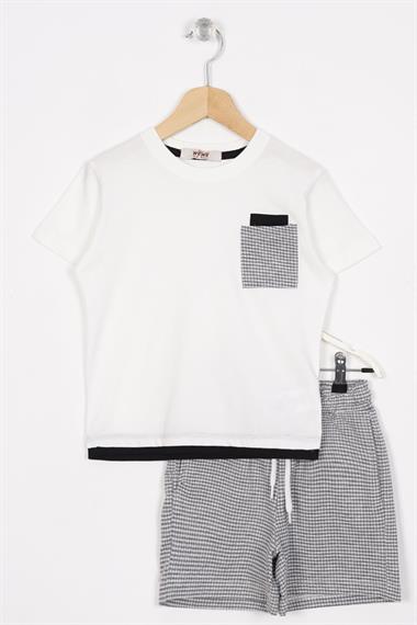 Bisiklet Yaka Kısa Kol Ekru Grı Renk Erkek Çocuk Şortlu Takım