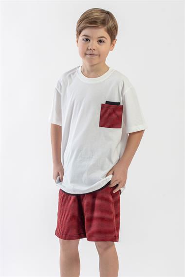 Bisiklet Yaka Kısa Kol Ekru Kırmızı Renk Erkek Çocuk Şortlu Takım