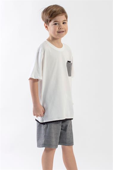 Bisiklet Yaka Kısa Kol Ekru Sıyah Renk Erkek Cocuk Sortlu Takım