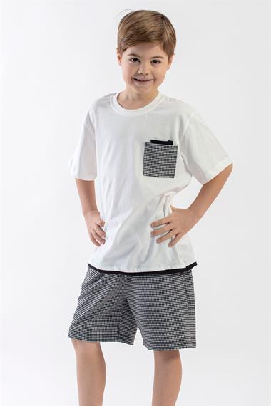 Bisiklet Yaka Kısa Kol Ekru Sıyah Renk Erkek Cocuk Sortlu Takım