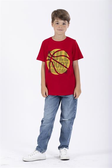 Bisiklet Yaka Kısa Kol Full Court Awesome Baskılı Kırmızı Renk Erkek Çocuk Tshirt