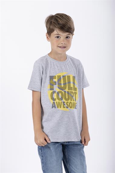 Bisiklet Yaka Kısa Kol Full Court Awesome Baskılı Gri Melanj Renk Erkek Çocuk Tshirt