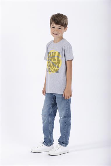Bisiklet Yaka Kısa Kol Full Court Awesome Baskılı Gri Melanj Renk Erkek Çocuk Tshirt