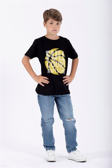 Bisiklet Yaka Kısa Kol Full Court Awesome Baskılı Siyah Renk Erkek Çocuk Tshirt