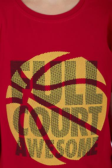 Bisiklet Yaka Kısa Kol Full Court Awesome Baskılı Kırmızı Renk Erkek Çocuk Tshirt