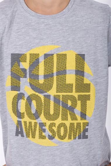Bisiklet Yaka Kısa Kol Full Court Awesome Baskılı Gri Melanj Renk Erkek Çocuk Tshirt