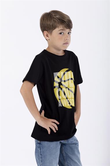 Bisiklet Yaka Kısa Kol Full Court Awesome Baskılı Siyah Renk Erkek Çocuk Tshirt