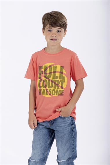 Bisiklet Yaka Kısa Kol Full Court Awesome Baskılı Taba Renk Erkek Çocuk Tshirt