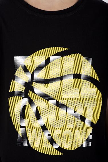 Bisiklet Yaka Kısa Kol Full Court Awesome Baskılı Siyah Renk Erkek Çocuk Tshirt