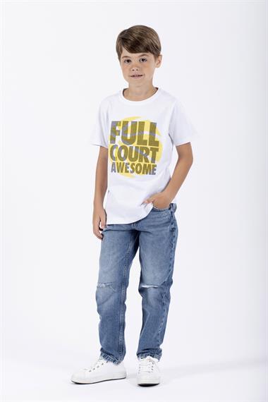 Bisiklet Yaka Kısa Kol Full Court Awesome Baskılı Beyaz Renk Erkek Çocuk Tshirt