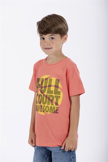 Bisiklet Yaka Kısa Kol Full Court Awesome Baskılı Taba Renk Erkek Çocuk Tshirt