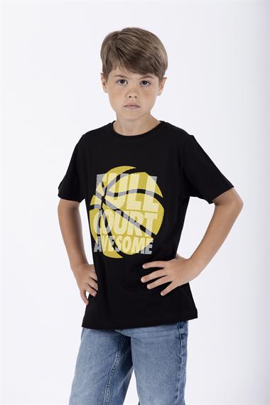Bisiklet Yaka Kısa Kol Full Court Awesome Baskılı Siyah Renk Erkek Çocuk Tshirt