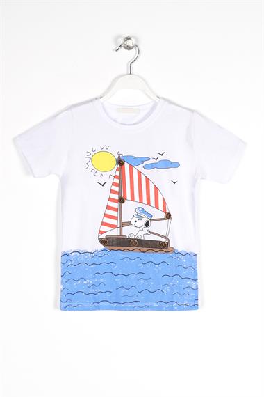Bisiklet Yaka Kısa Kol Gemi Basılı Düğme Aksesuarlı Beyaz Renk Erkek Çocuk Tshirt