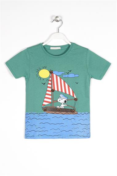 Bisiklet Yaka Kısa Kol Gemi Basılı Düğme Aksesuarlı Cagla Yesil Renk Erkek Çocuk Tshirt