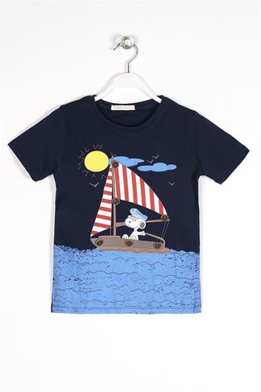 Bisiklet Yaka Kısa Kol Gemi Basılı Düğme Aksesuarlı Lacivert Renk Erkek Çocuk Tshirt