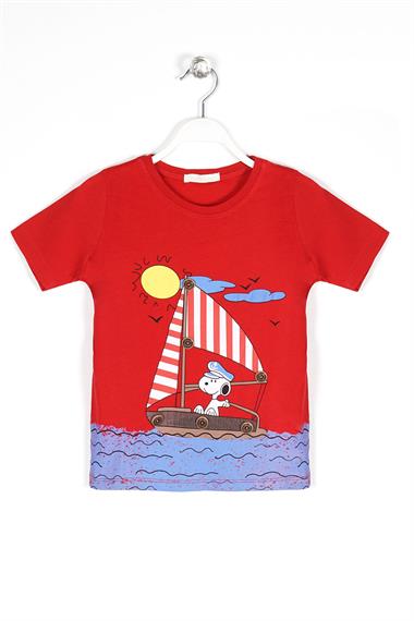 Bisiklet Yaka Kısa Kol Gemi Basılı Düğme Aksesuarlı Kırmızı Renk Erkek Çocuk Tshirt