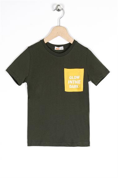 Bisiklet Yaka Kısa Kol Glow Inthe Dark Cep Baskılı Haki Renk Erkek Çocuk Tshirt