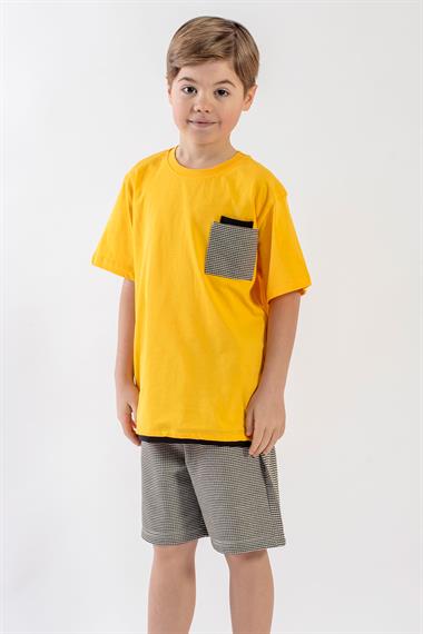 Bisiklet Yaka Kısa Kol Koyu Sarı Haki Renk Erkek Çocuk Şortlu Takım