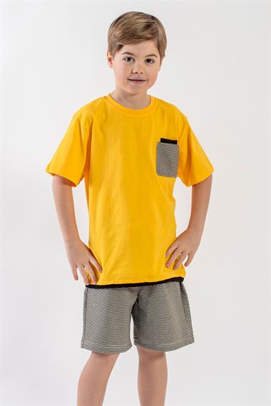 Bisiklet Yaka Kısa Kol Koyu Sarı Haki Renk Erkek Çocuk Şortlu Takım