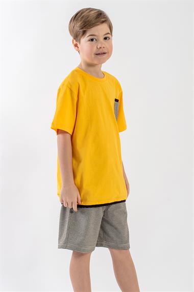 Bisiklet Yaka Kısa Kol Koyu Sarı Haki Renk Erkek Çocuk Şortlu Takım