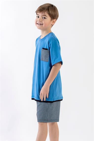 Bisiklet Yaka Kısa Kol Mavi Renk Erkek Çocuk Şortlu Takım