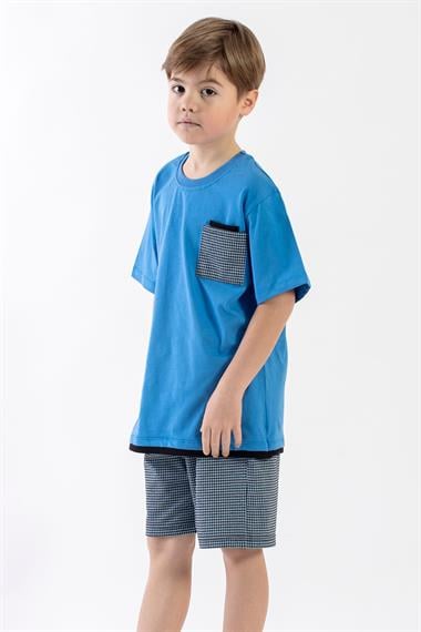 Bisiklet Yaka Kısa Kol Mavi Renk Erkek Çocuk Şortlu Takım