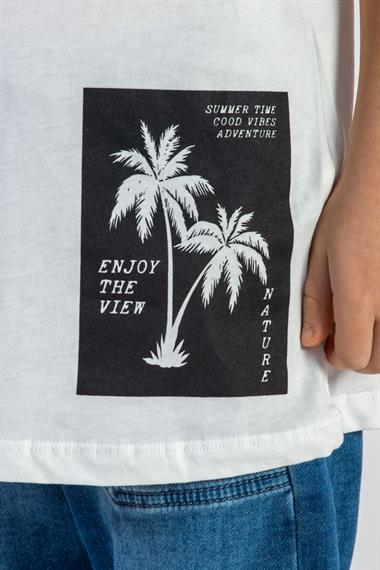 Bisiklet Yaka Kısa Kol Palmiye Baskılı Ekru Renk Erkek Çocuk Tshirt