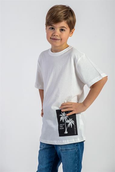 Bisiklet Yaka Kısa Kol Palmiye Baskılı Ekru Renk Erkek Çocuk Tshirt