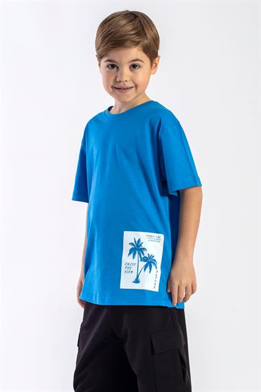 Bisiklet Yaka Kısa Kol Palmiye Baskılı Mavi Renk Erkek Çocuk Tshirt
