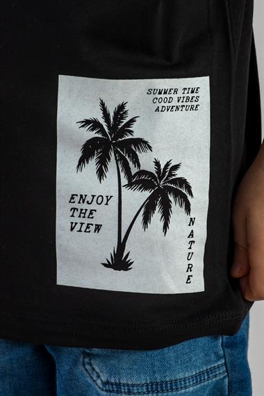 Bisiklet Yaka Kısa Kol Palmiye Baskılı Siyah Renk Erkek Çocuk Tshirt