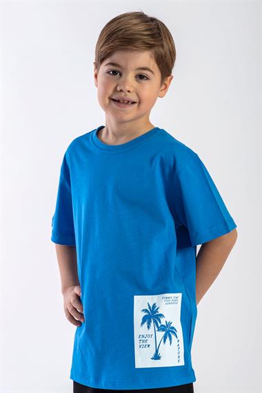 Bisiklet Yaka Kısa Kol Palmiye Baskılı Mavi Renk Erkek Çocuk Tshirt
