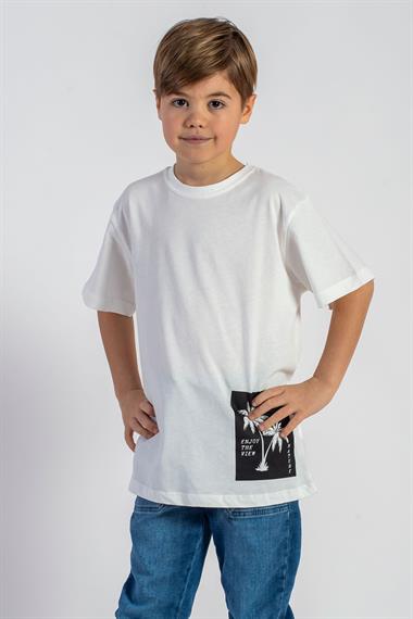 Bisiklet Yaka Kısa Kol Palmiye Baskılı Ekru Renk Erkek Çocuk Tshirt