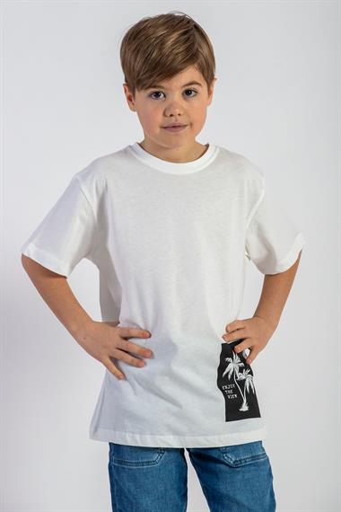 Bisiklet Yaka Kısa Kol Palmiye Baskılı Ekru Renk Erkek Çocuk Tshirt