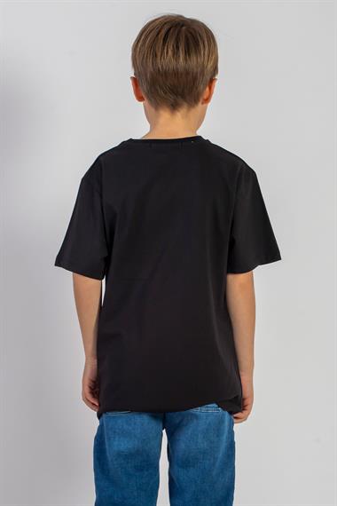 Bisiklet Yaka Kısa Kol Palmiye Baskılı Siyah Renk Erkek Çocuk Tshirt