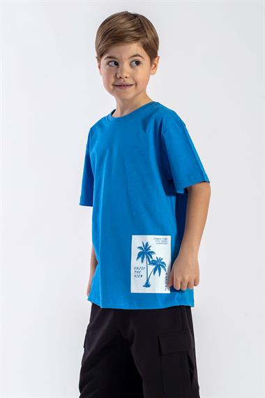 Bisiklet Yaka Kısa Kol Palmiye Baskılı Mavi Renk Erkek Çocuk Tshirt
