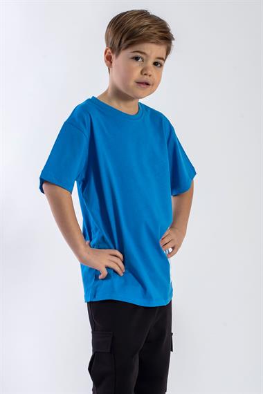 Bisiklet Yaka Kısa Kol Palmiye Baskılı Mavi Renk Erkek Çocuk Tshirt