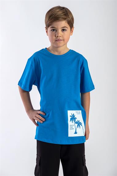 Bisiklet Yaka Kısa Kol Palmiye Baskılı Mavi Renk Erkek Çocuk Tshirt