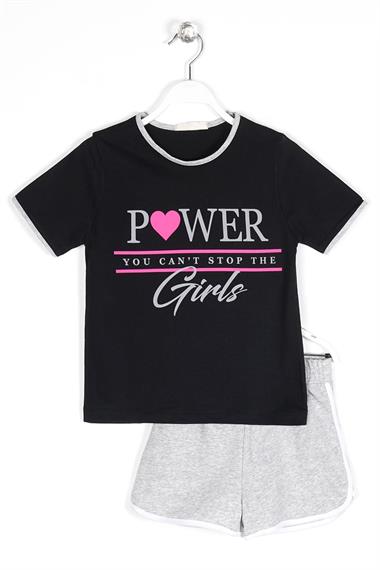 Bisiklet Yaka Kısa Kol Power Baskılı Siyah Gri Renk Kız Çocuk Şortlu Takım