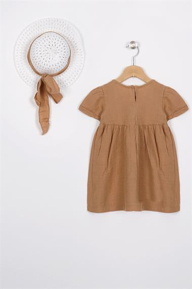 Bisiklet Yaka Kısa Kol Sapka Aksesuarlı Camel Renk Kız Cocuk Elbıse