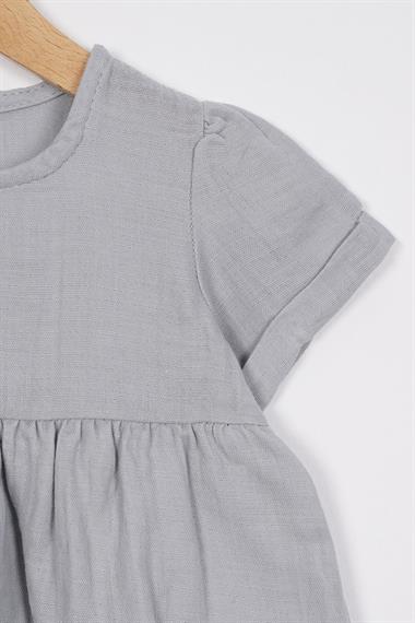 Bisiklet Yaka Kısa Kol Sapka Aksesuarlı Grı Renk Kız Cocuk Elbıse