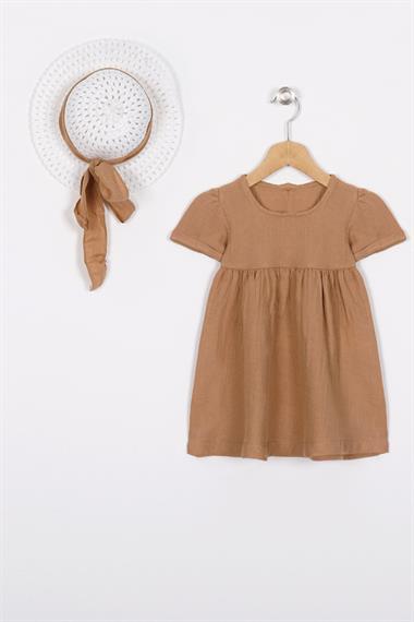 Bisiklet Yaka Kısa Kol Sapka Aksesuarlı Camel Renk Kız Cocuk Elbıse