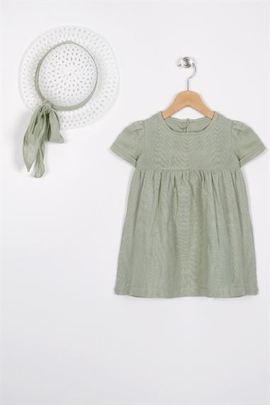Bisiklet Yaka Kısa Kol Sapka Aksesuarlı Cagla Yesıl Renk Kız Cocuk Elbıse