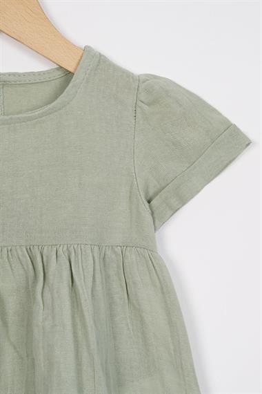 Bisiklet Yaka Kısa Kol Sapka Aksesuarlı Cagla Yesıl Renk Kız Cocuk Elbıse
